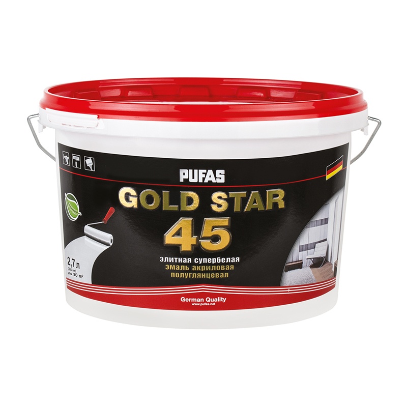 Эмаль акриловая супербелая Pufas Gold Star 45 полуглянцевая (2,7 л)